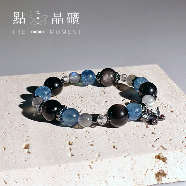 夢蝶｜銀曜石、海藍寶、拉長石、白水晶 