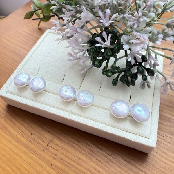 淡水珍珠-粉光鈕扣耳釘#e0811 