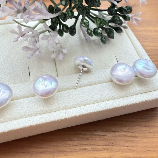 淡水珍珠-粉光鈕扣耳釘#e0811 