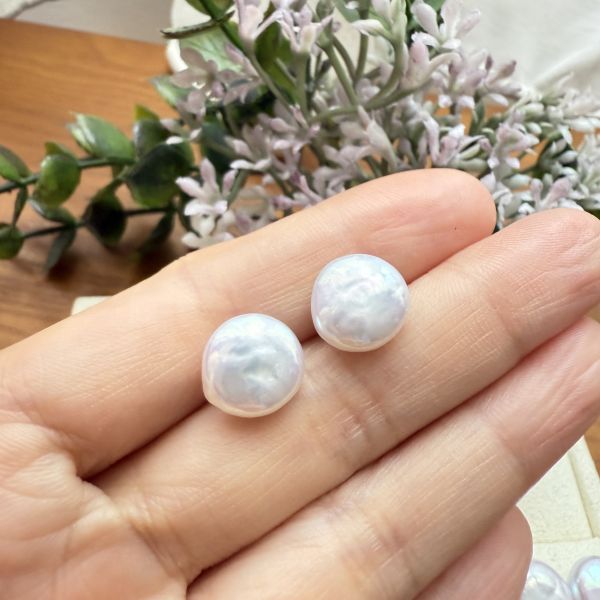 淡水珍珠-粉光鈕扣耳釘#e0811 