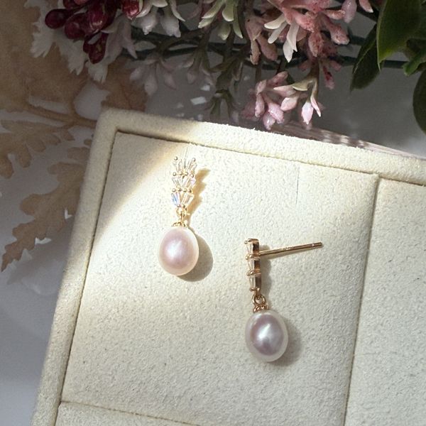 淡水珍珠-粉紅柔光米珠垂吊式耳環#epf1838 