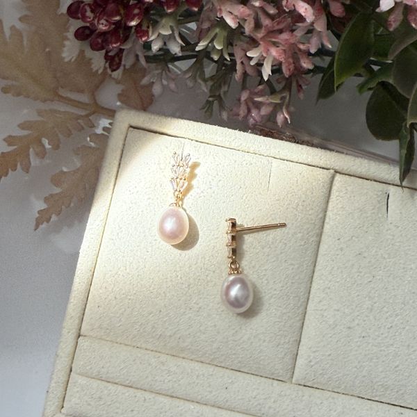 淡水珍珠-粉紅柔光米珠垂吊式耳環#epf1838 