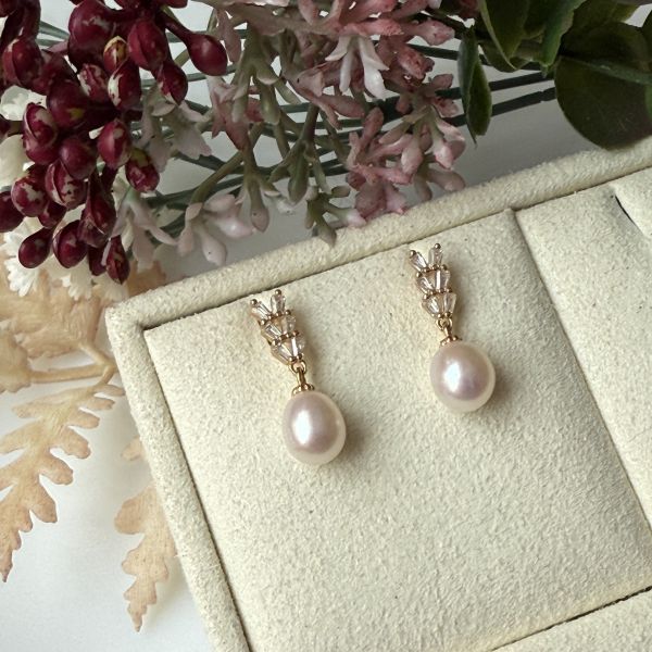 淡水珍珠-粉紅柔光米珠垂吊式耳環#epf1838 