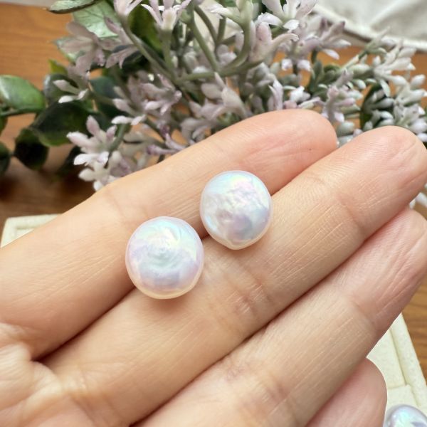 淡水珍珠-粉光鈕扣耳釘#e0811 