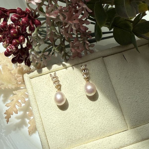 淡水珍珠-粉紅柔光米珠垂吊式耳環#epf1838 