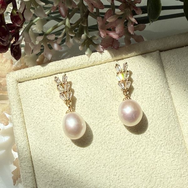 淡水珍珠-粉紅柔光米珠垂吊式耳環#epf1838 
