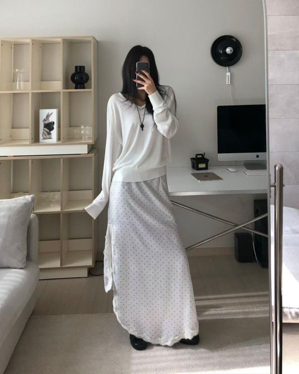 點點不對稱緞面蕾絲長裙(兩面穿) 