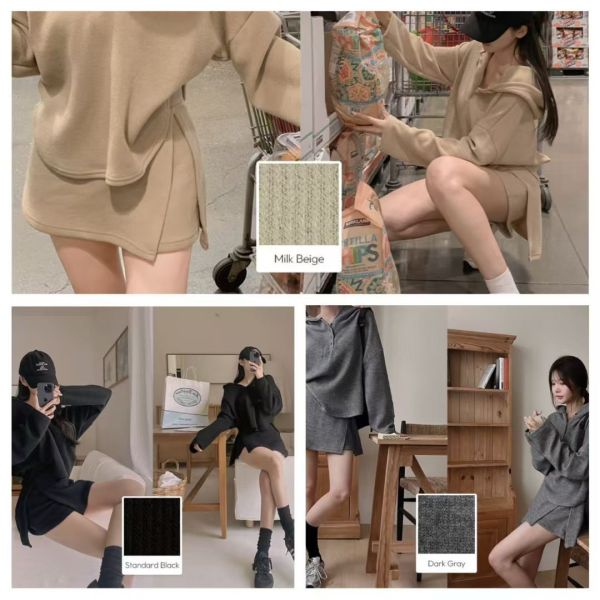 連帽下擺圓弧上衣+假兩件短褲裙Set 