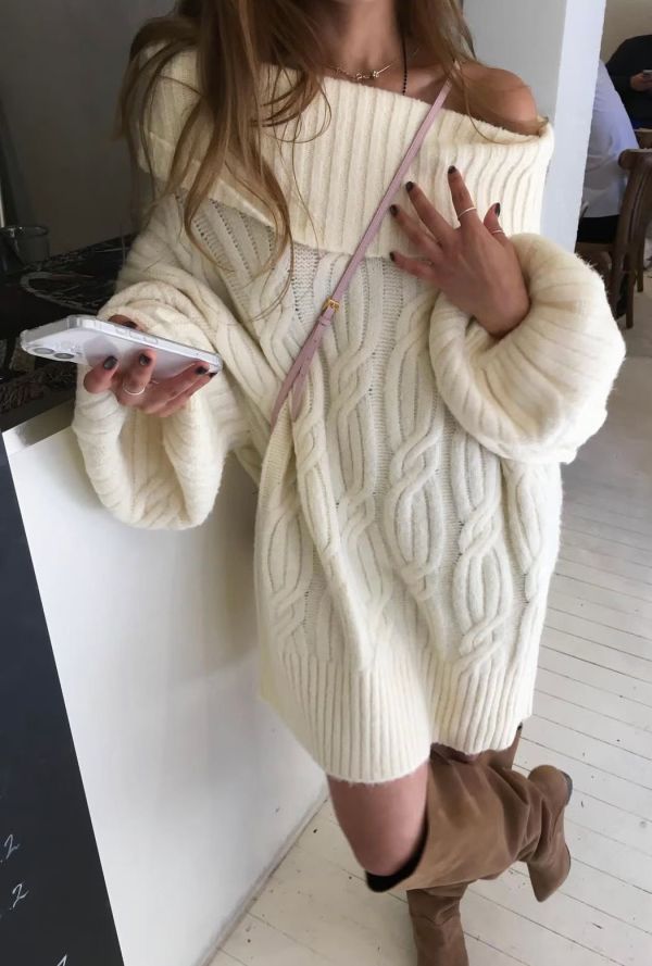 一字領麻花寬鬆毛衣上衣 