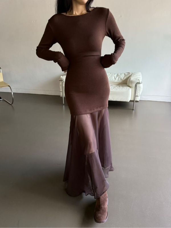 極美法式拚接斜領洋裝 