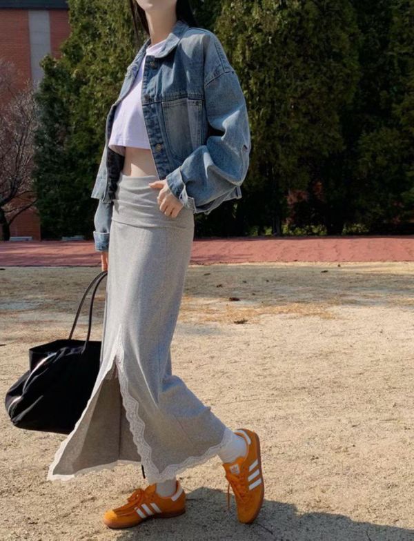 反摺腰頭側開衩蕾絲棉裙 