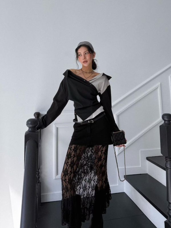 拼接蕾絲高腰魚尾裙 