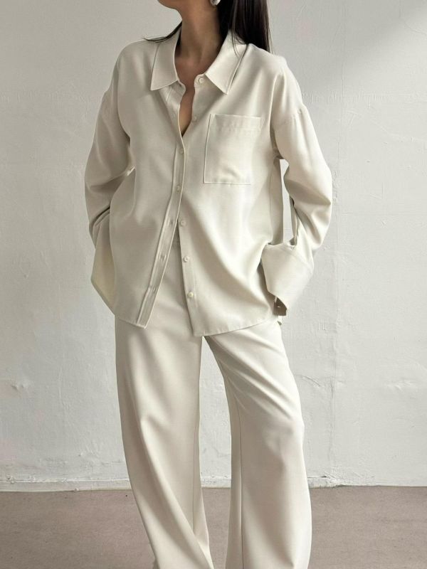 質感不易皺開衩襯衫/鬆弛不易皺直筒小喇叭褲 