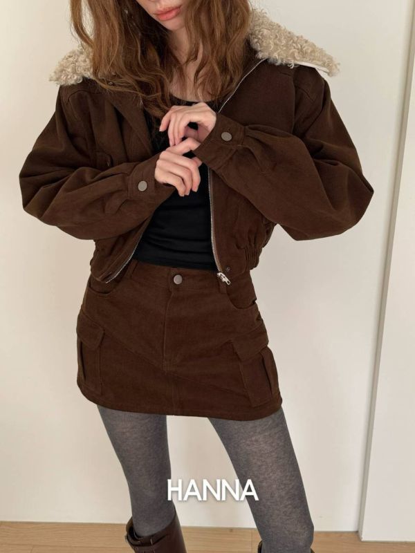 燈芯絨夾棉外套(毛領可拆)+工作褲裙Set 