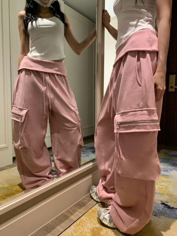 反摺褲頭薄毛巾工裝兩穿縮腳棉長褲 