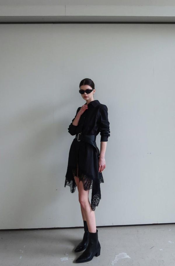 下擺蕾絲不規則襯衫洋裝 