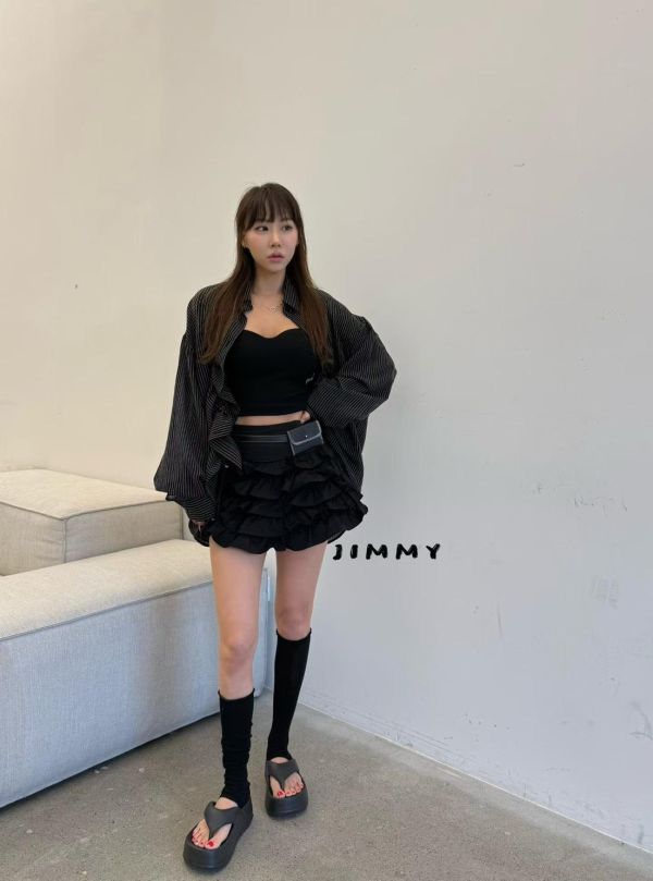 條紋皺褶抽繩襯衫外套 