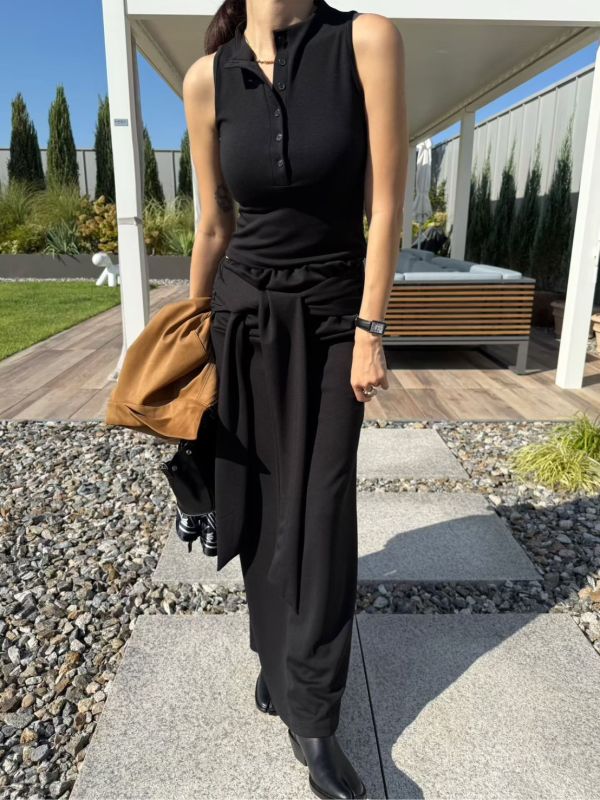 無袖立領上衣/顯瘦綁帶裙 