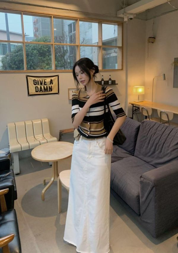 五分袖條紋針織POLO衫 