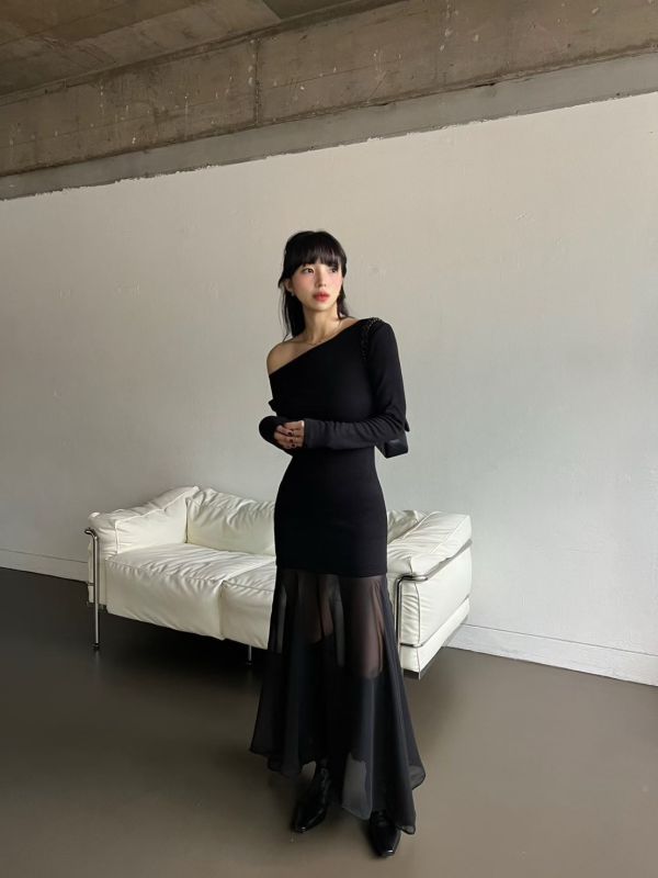 極美法式拚接斜領洋裝 