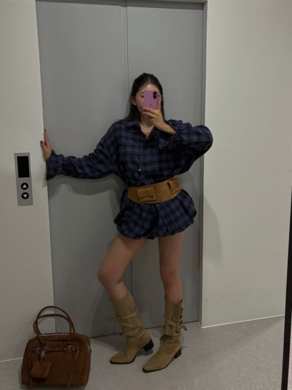 休閒格子襯衫+花苞短褲Set 