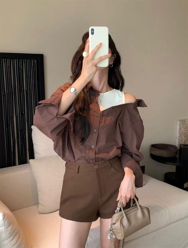 拼接露肩長袖襯衫 