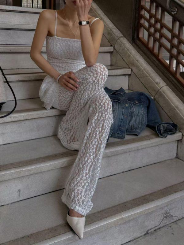 全蕾絲細肩短洋裝/半透膚蕾絲長褲 