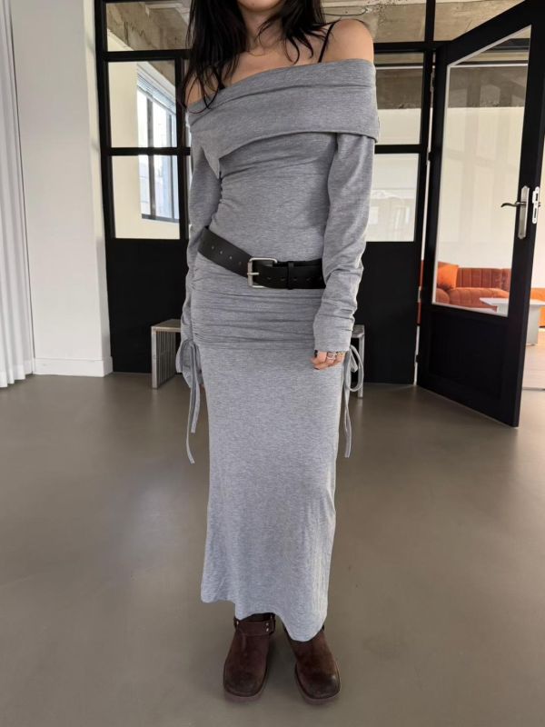 翻領露肩上衣+皺褶顯瘦長裙Set 