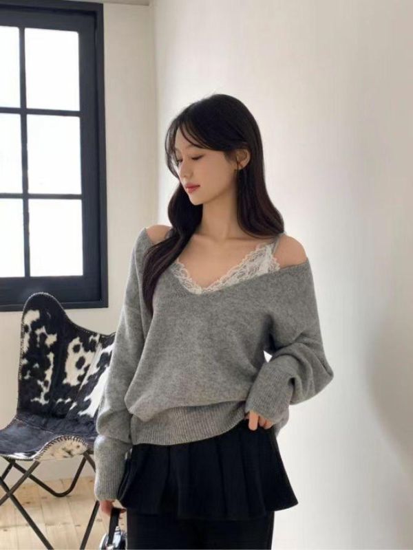 V領針織衫+蕾絲背心Set 