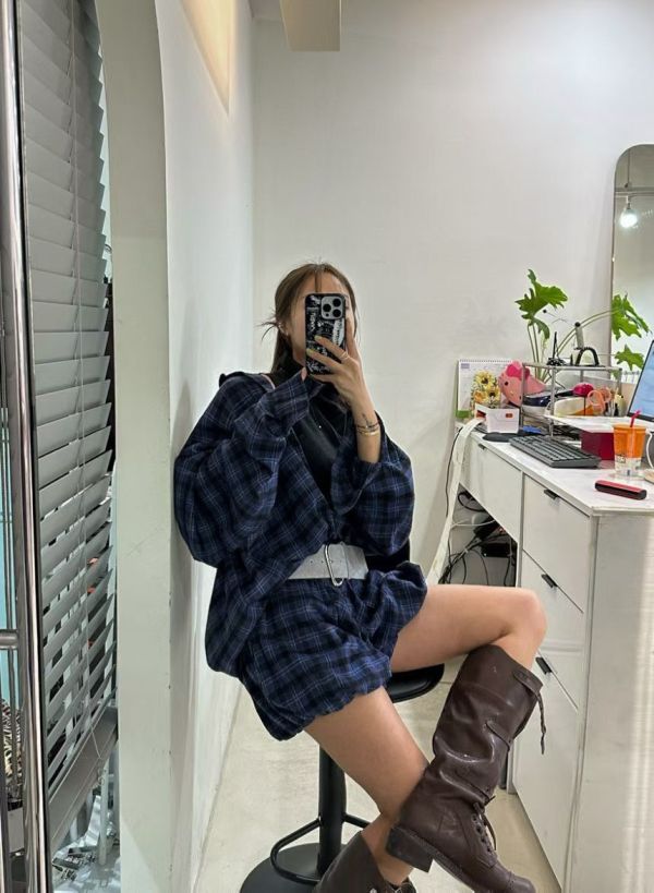 休閒格子襯衫+花苞短褲Set 