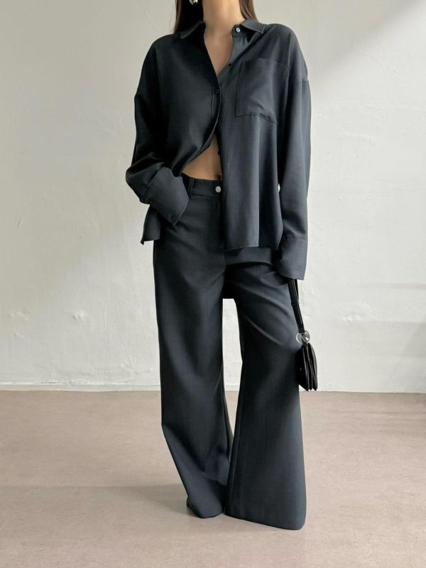 質感不易皺開衩襯衫/鬆弛不易皺直筒小喇叭褲 