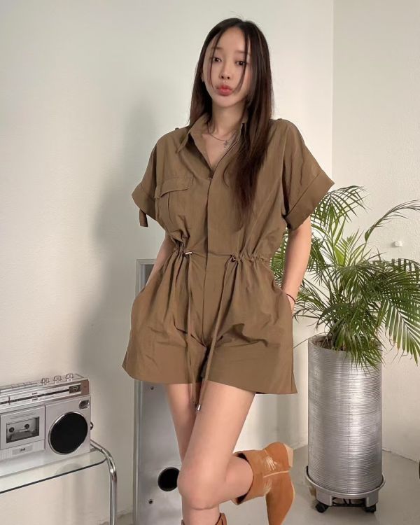 工裝感縮腰連身短褲 