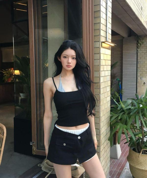 腰拼色兩扣單口袋褲裙 