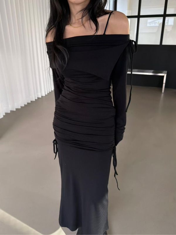 翻領露肩上衣+皺褶顯瘦長裙Set 