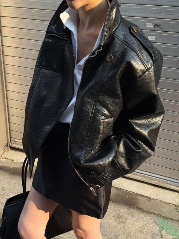 立領兩扣皮外套 