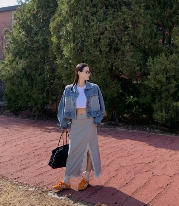 反摺腰頭側開衩蕾絲棉裙 