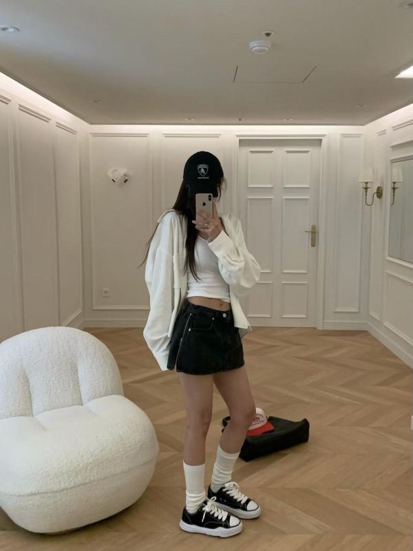 側拉鍊迷你牛仔短褲裙 