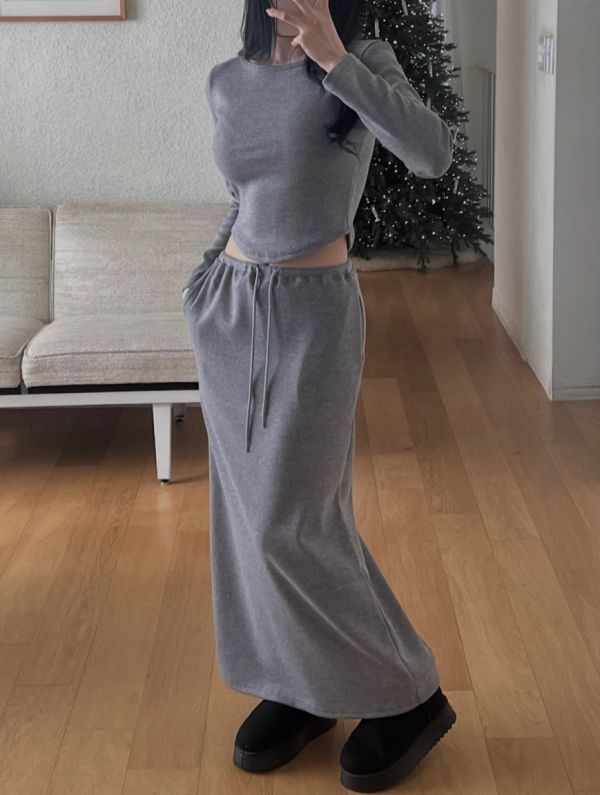 修身長袖上衣/抽繩修身長裙 