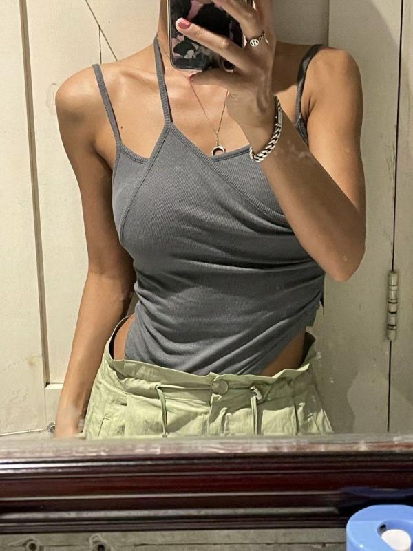 掛脖含胸墊不規則吊帶背心 