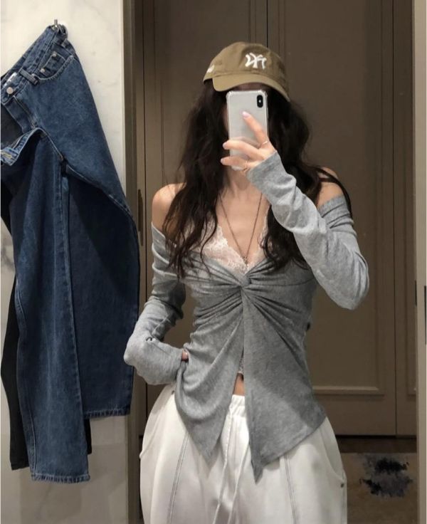 蕾絲假兩件性感上衣 