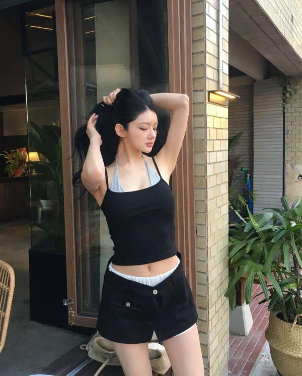 腰拼色兩扣單口袋褲裙 