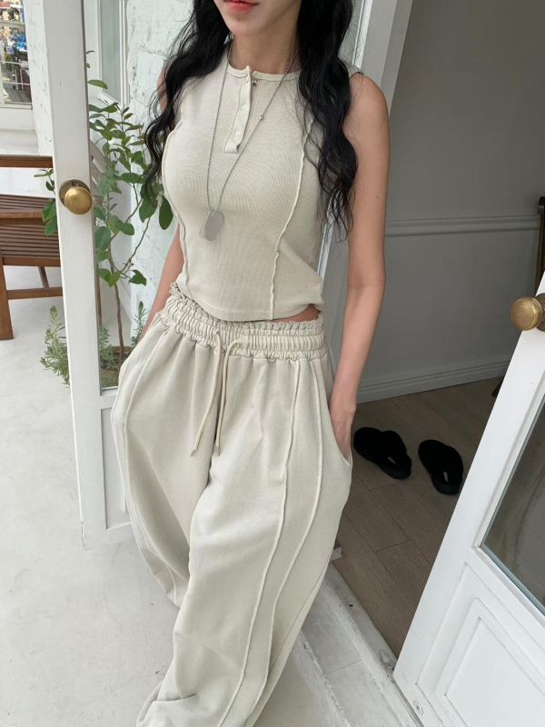 洗色外縫線壓扣背心/洗色外縫線薄毛巾棉長褲 