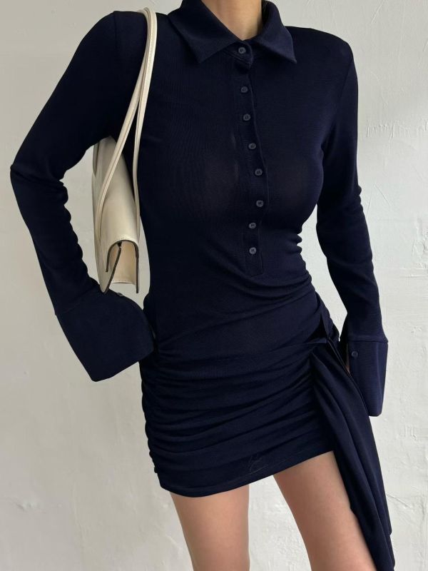 POLO領綁帶抓皺洋裝 