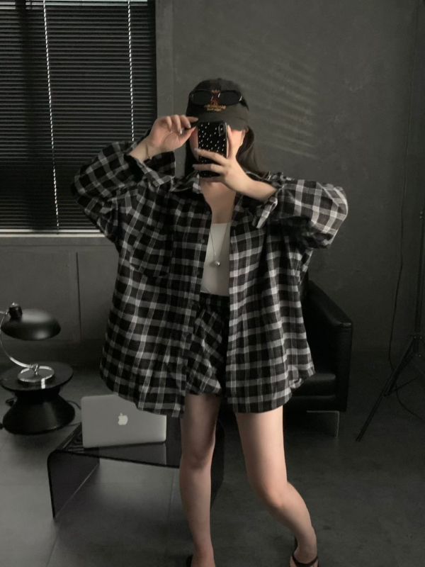 休閒格子襯衫+花苞短褲Set 