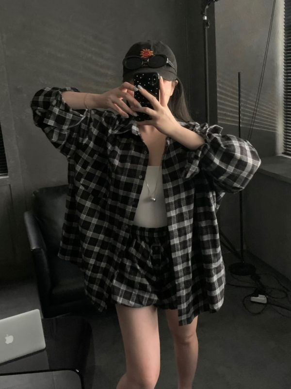 休閒格子襯衫+花苞短褲Set 