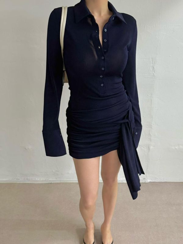 POLO領綁帶抓皺洋裝 