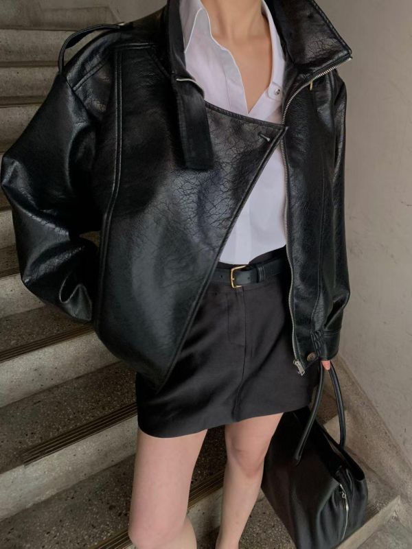 立領兩扣皮外套 