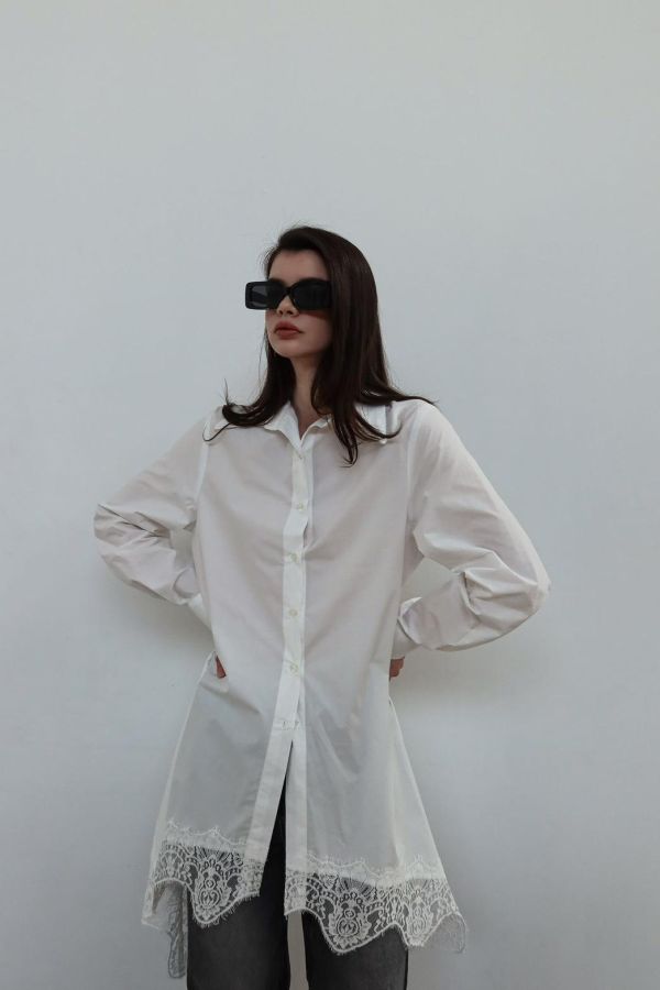 下擺蕾絲不規則襯衫洋裝 