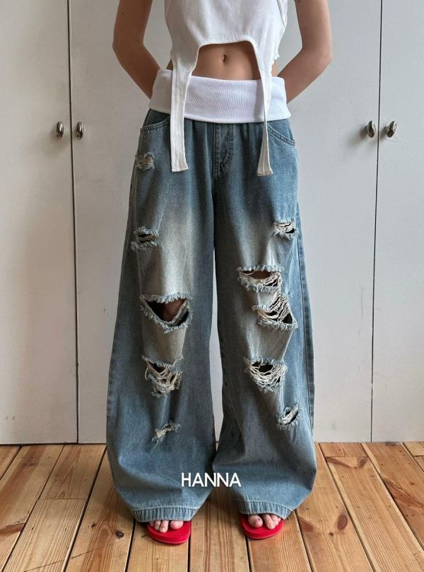 褲頭反摺多破損刷色牛仔褲 