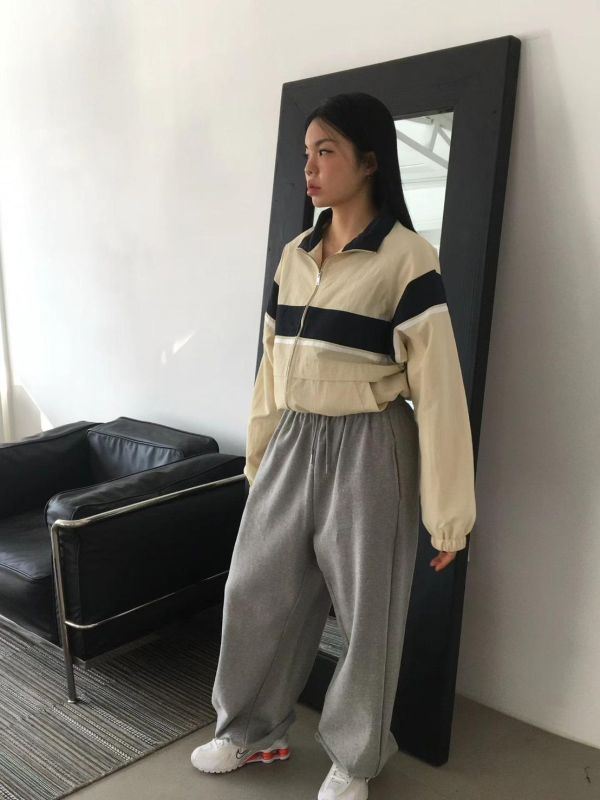 拼色條紋立領拉鍊外套 